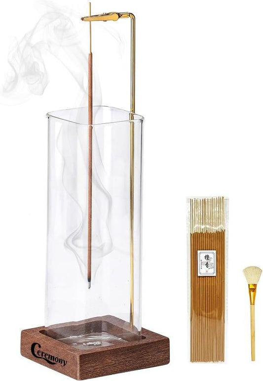 Ceremony Wooden Incense Holder for Sticks with Glass Ash Catcher